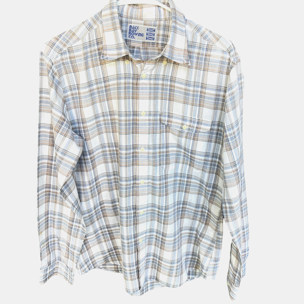 Back‎ Bay Rowing Co. Shirt Mens Large Plaid Button Up Long Sleeve Blue Brown